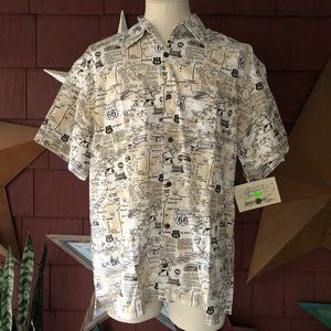 NWT Vintage Y2K Mens High Seas Trading Hawaiin Shirt Route 66 Guns Size L USA